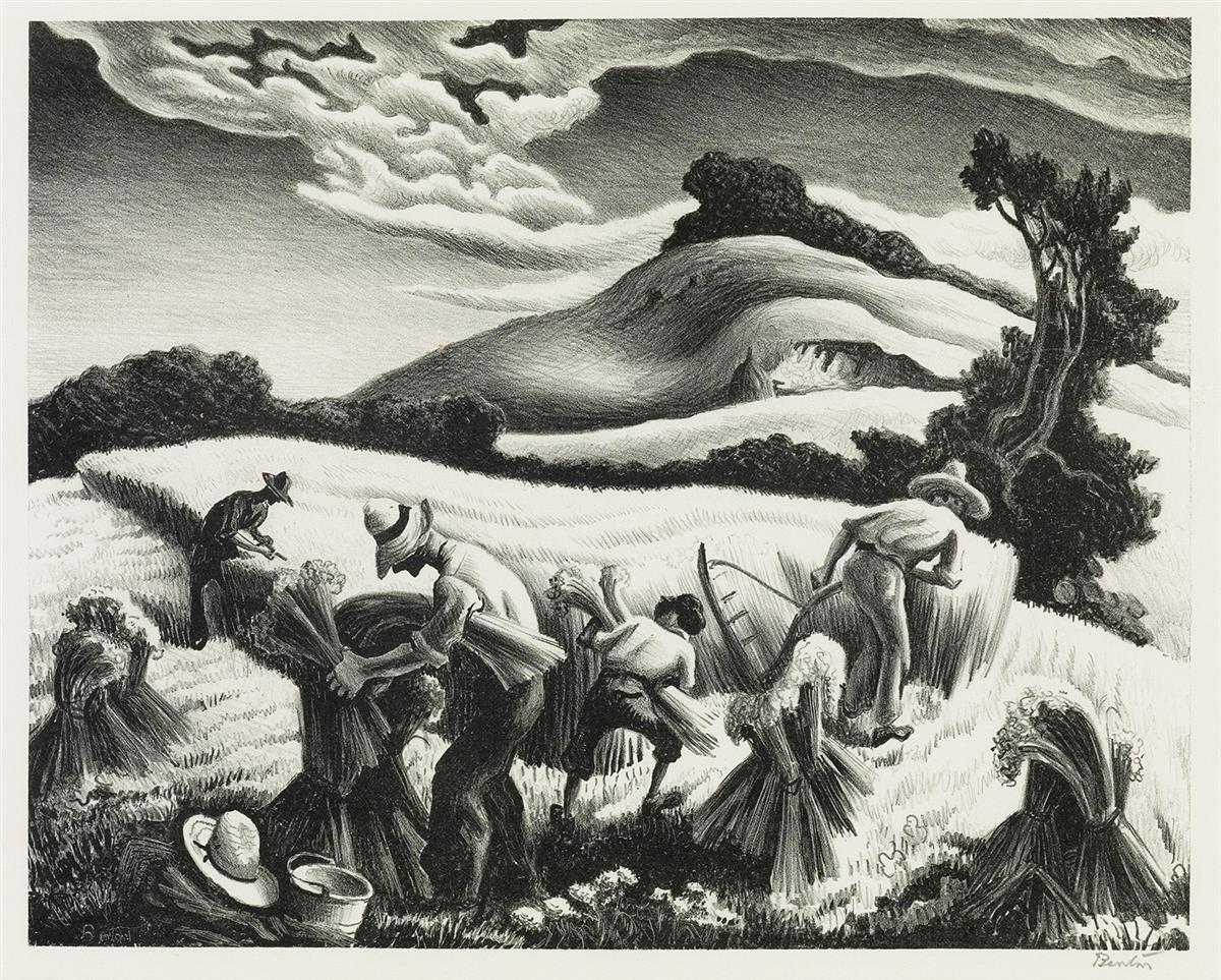 Cradling Wheat Lithograph by Thomas Hart Benton with signature- American Artwork