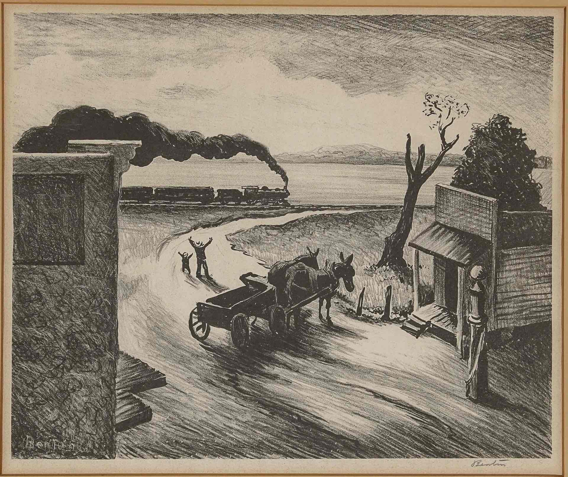 Edge of Town Lithograph by Thomas Hart Benton with signature- American Artwork