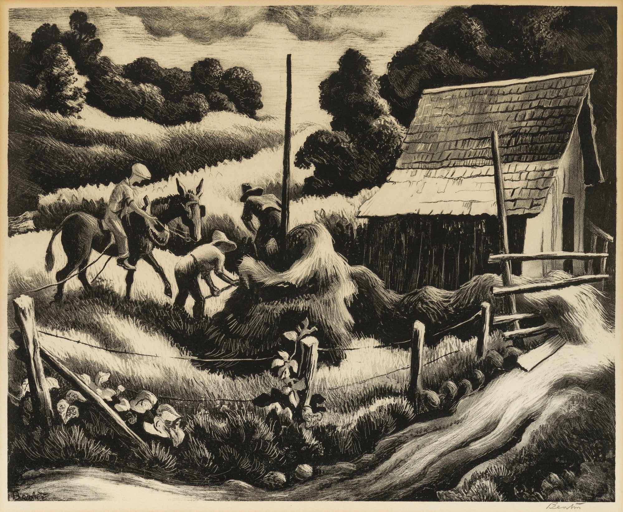 Haystack Lithograph by Thomas Hart Benton with signature- American Artwork