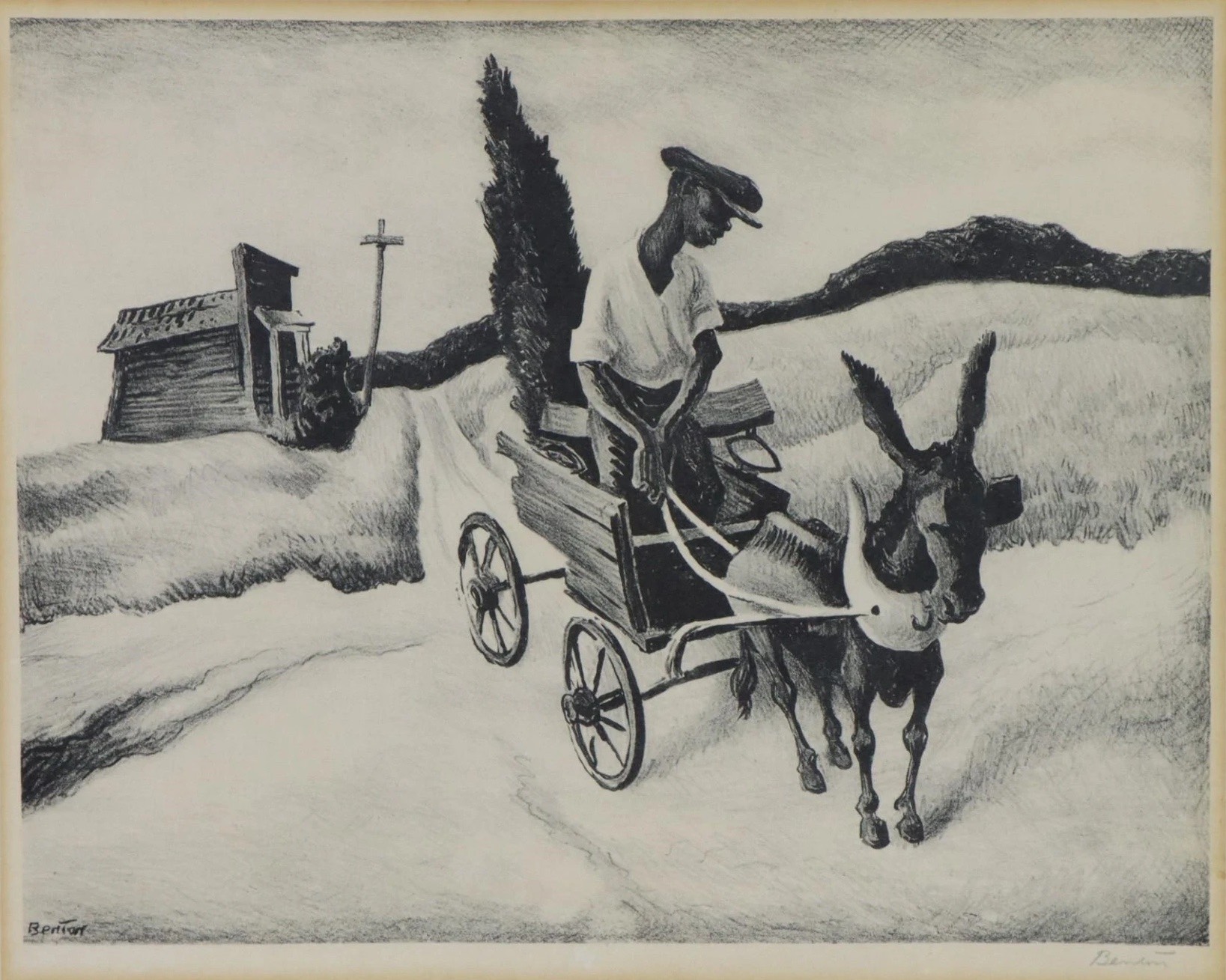 Lonesome Road Lithograph by Thomas Hart Benton with signature- American Artwork