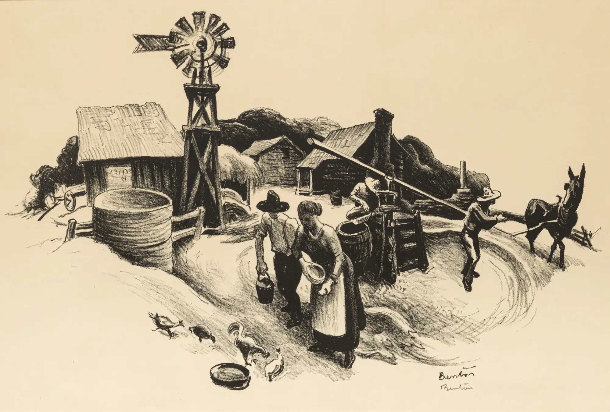 Missouri Farmyard Lithograph by Thomas Hart Benton with signature- American Artwork