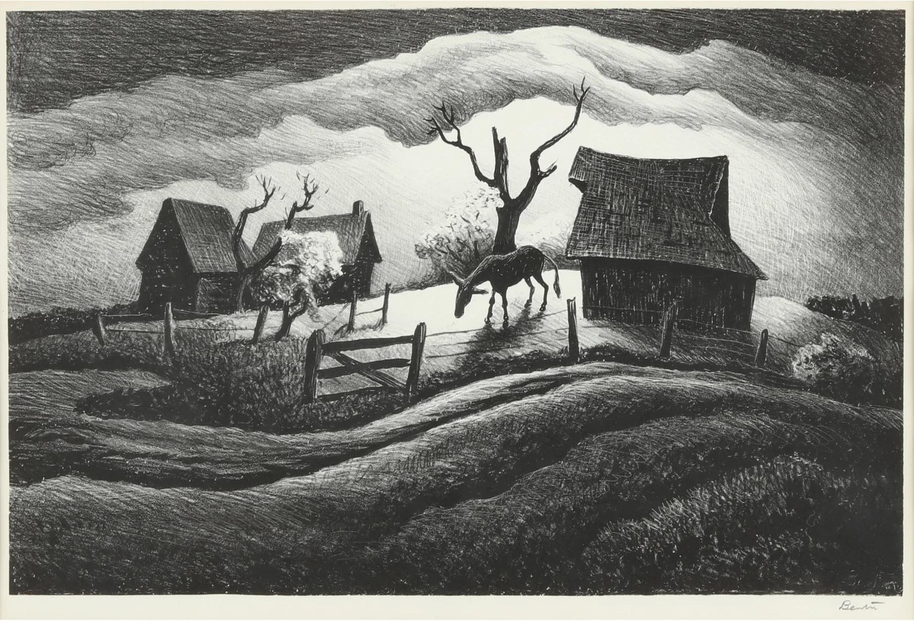 Rainy Day Lithograph by Thomas Hart Benton with signature- American Artwork