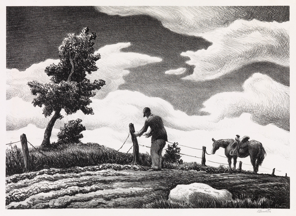 The Fence Mender Lithograph by Thomas Hart Benton with signature- American Artwork