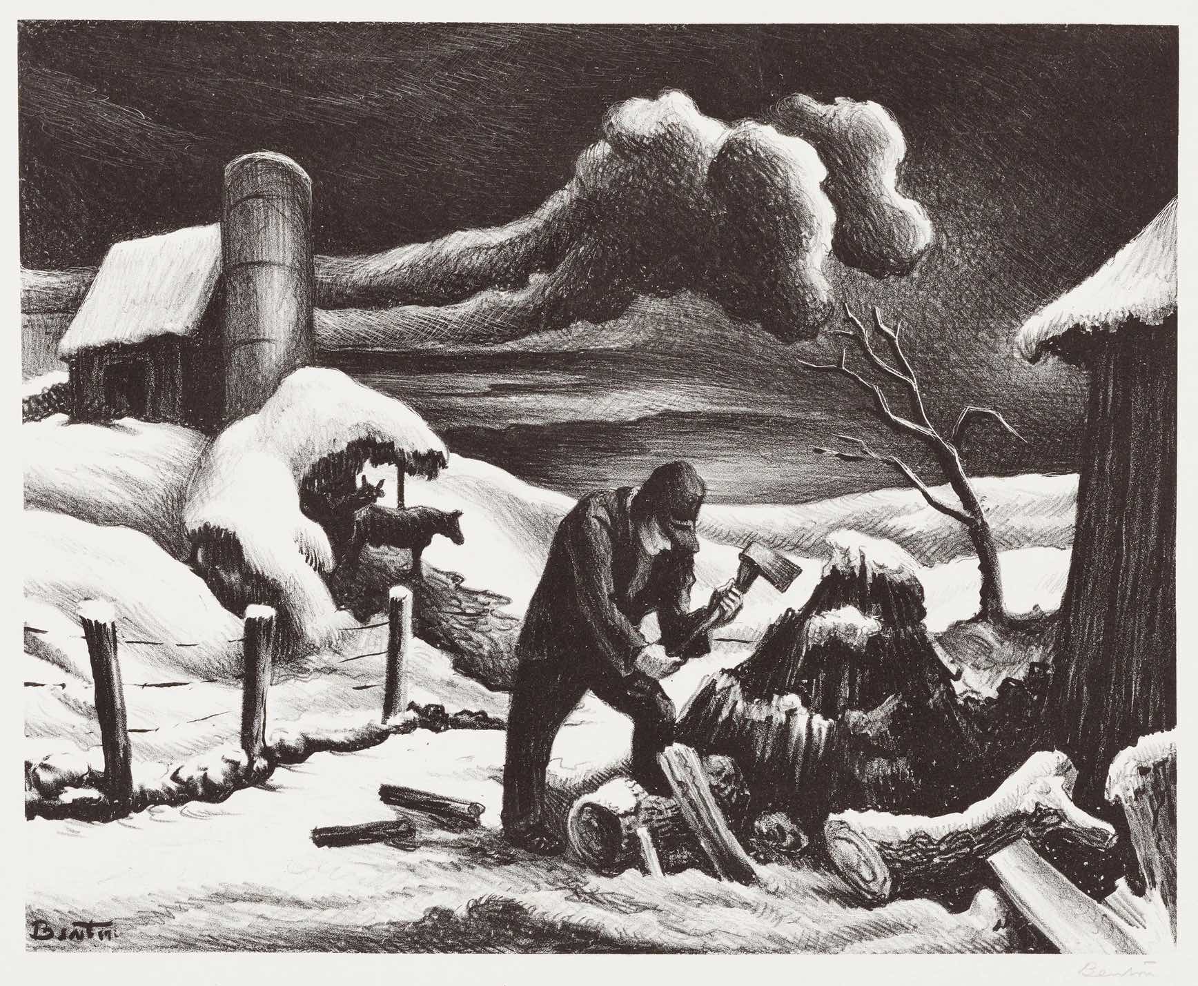 The Woodpile Lithograph by Thomas Hart Benton with signature- American Artwork