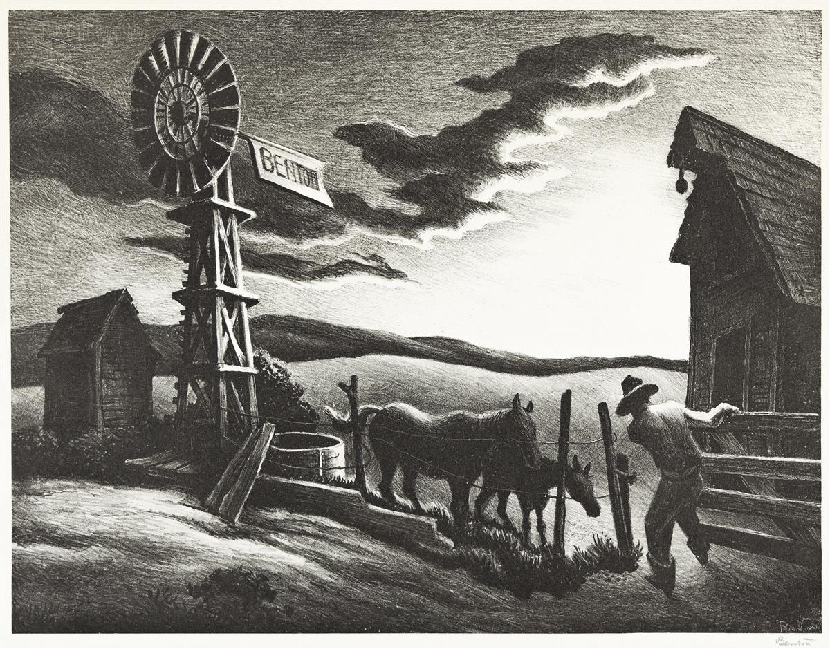 Nebraska Evening Lithograph by Thomas Hart Benton with signature- American Artwork