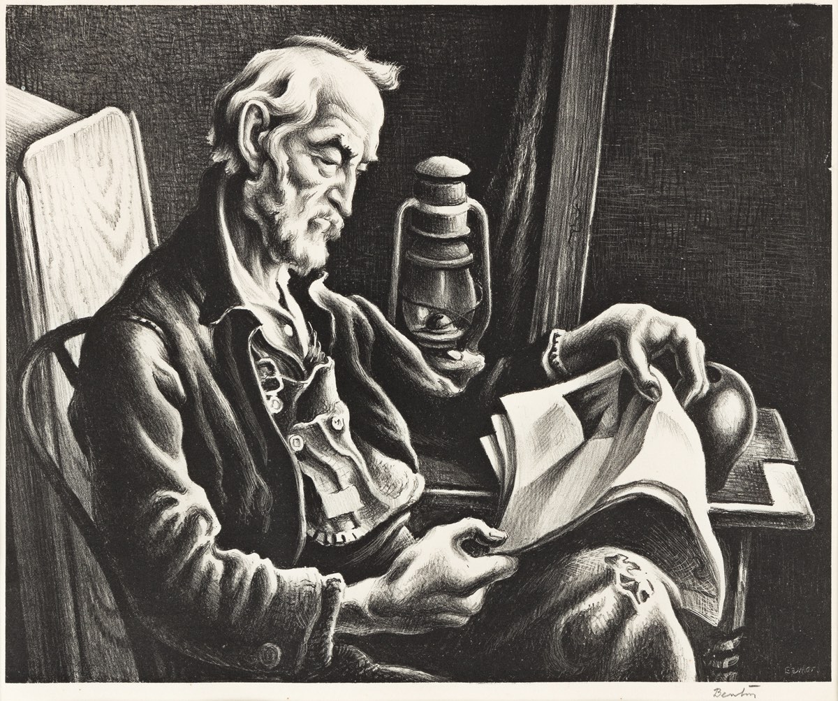 Old Man Reading Lithograph by Thomas Hart Benton with signature- American Artwork