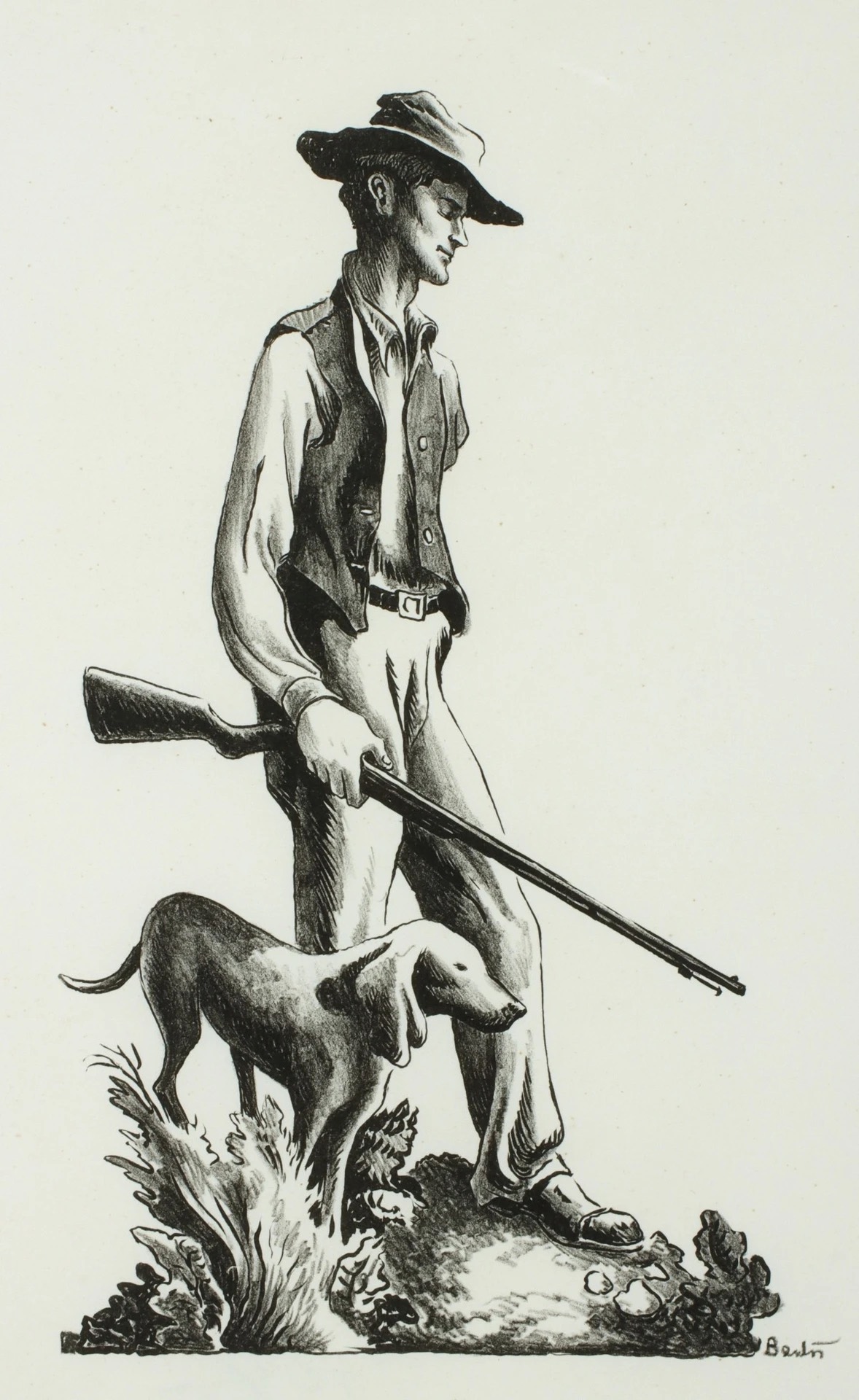 Ben Ragan and Trouble Lithograph by Thomas Hart Benton with signature- American Artwork