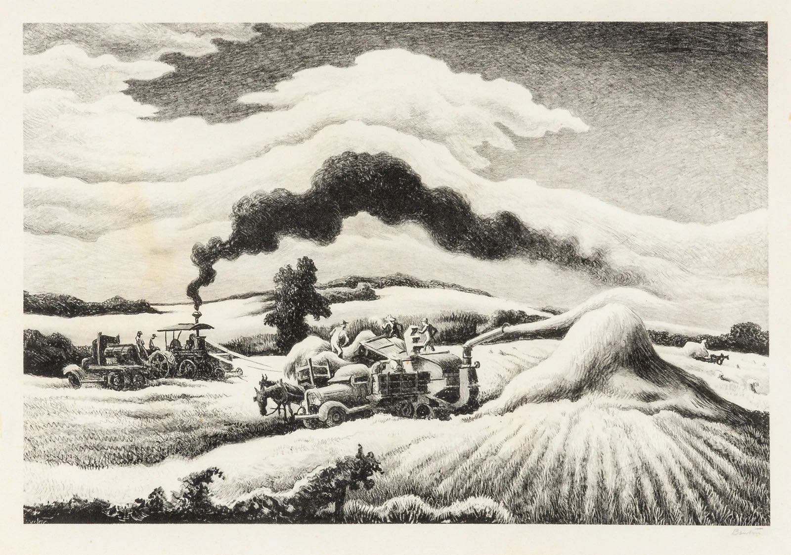 Threshing Lithograph by Thomas Hart Benton with signature- American Artwork