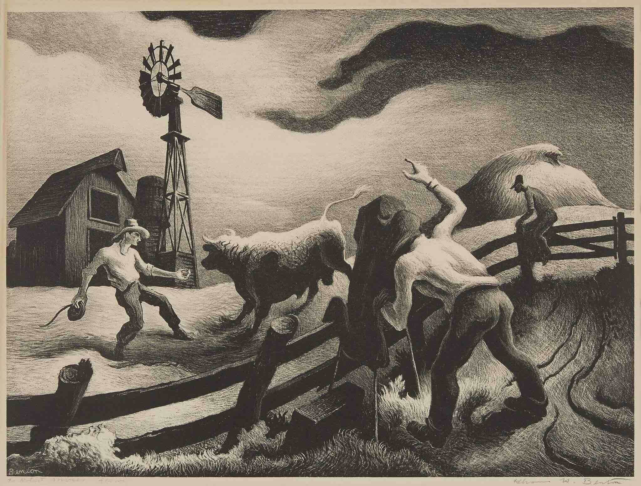 Photographing The Bull Lithograph by Thomas Hart Benton with signature- American Artwork