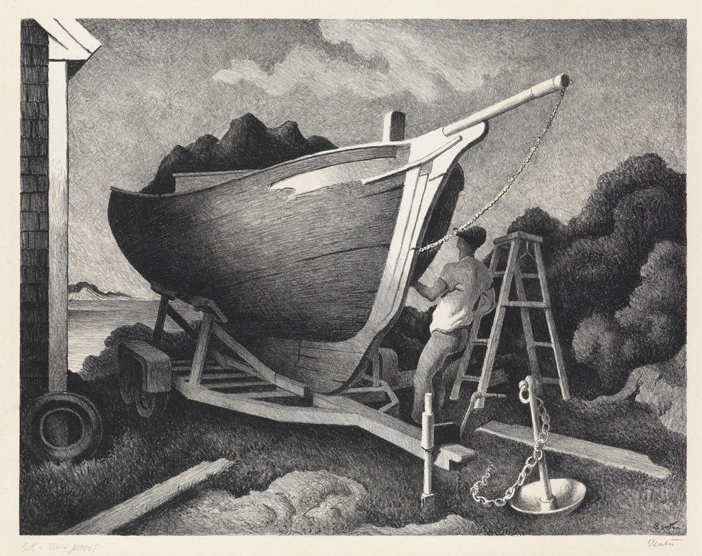 Repairing the Sloop Lithograph by Thomas Hart Benton with signature- American Artwork