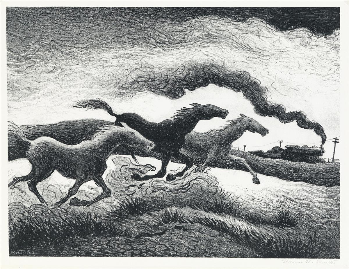 Running Horses Lithograph by Thomas Hart Benton with signature- American Artwork