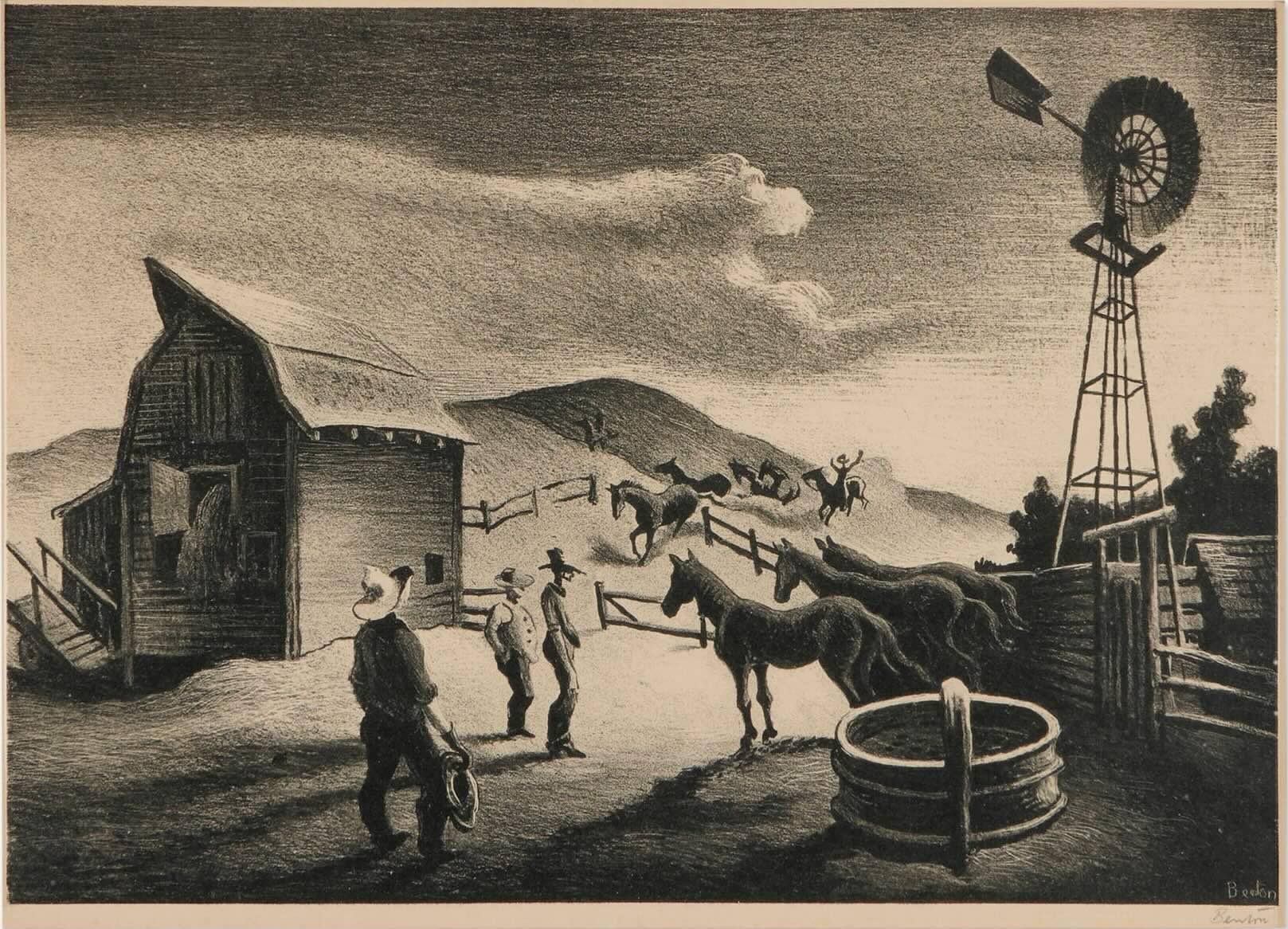 The Corral Lithograph by Thomas Hart Benton with signature- American Artwork