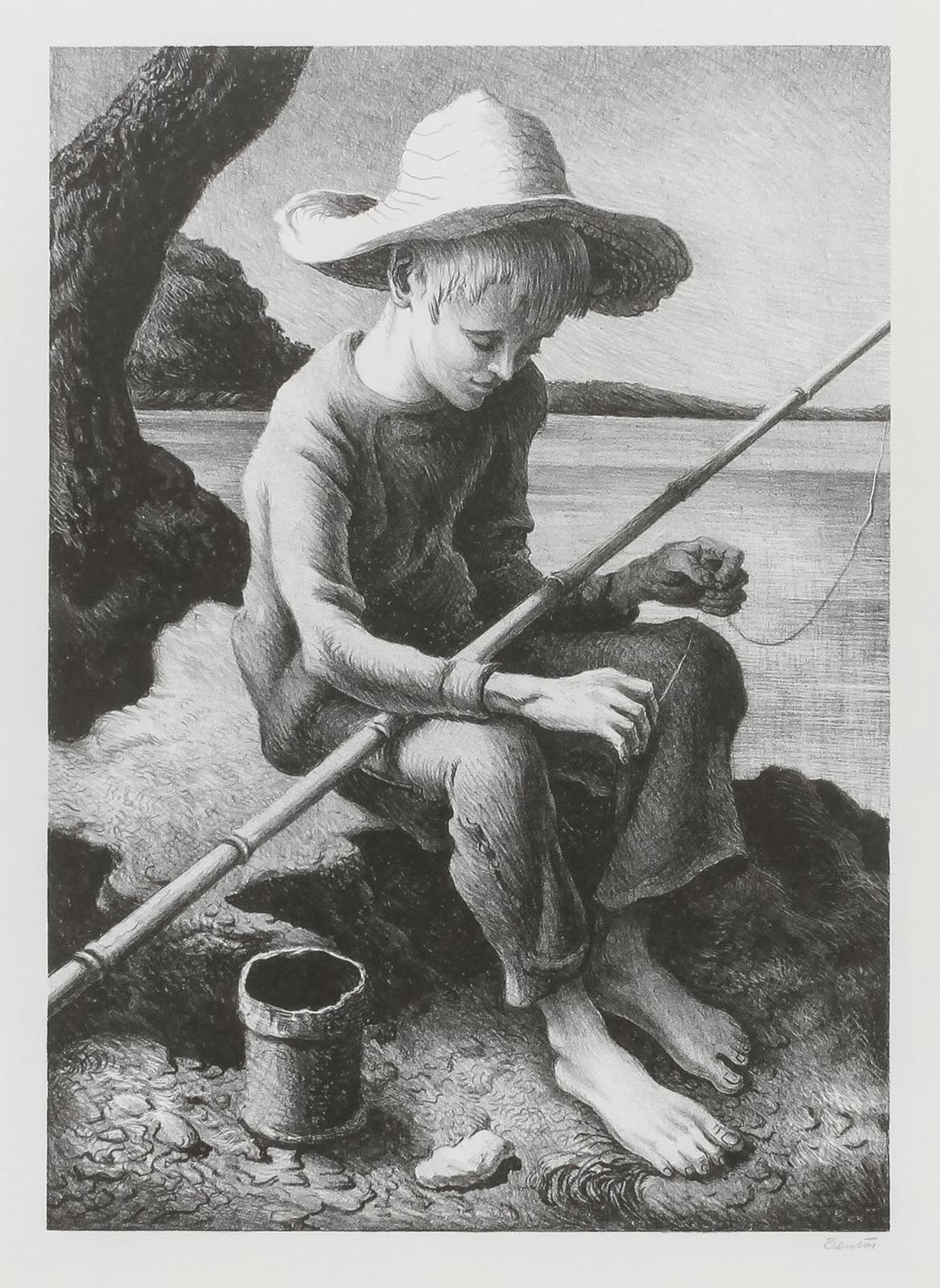 The Little Fisherman Lithograph by Thomas Hart Benton with signature- American Artwork