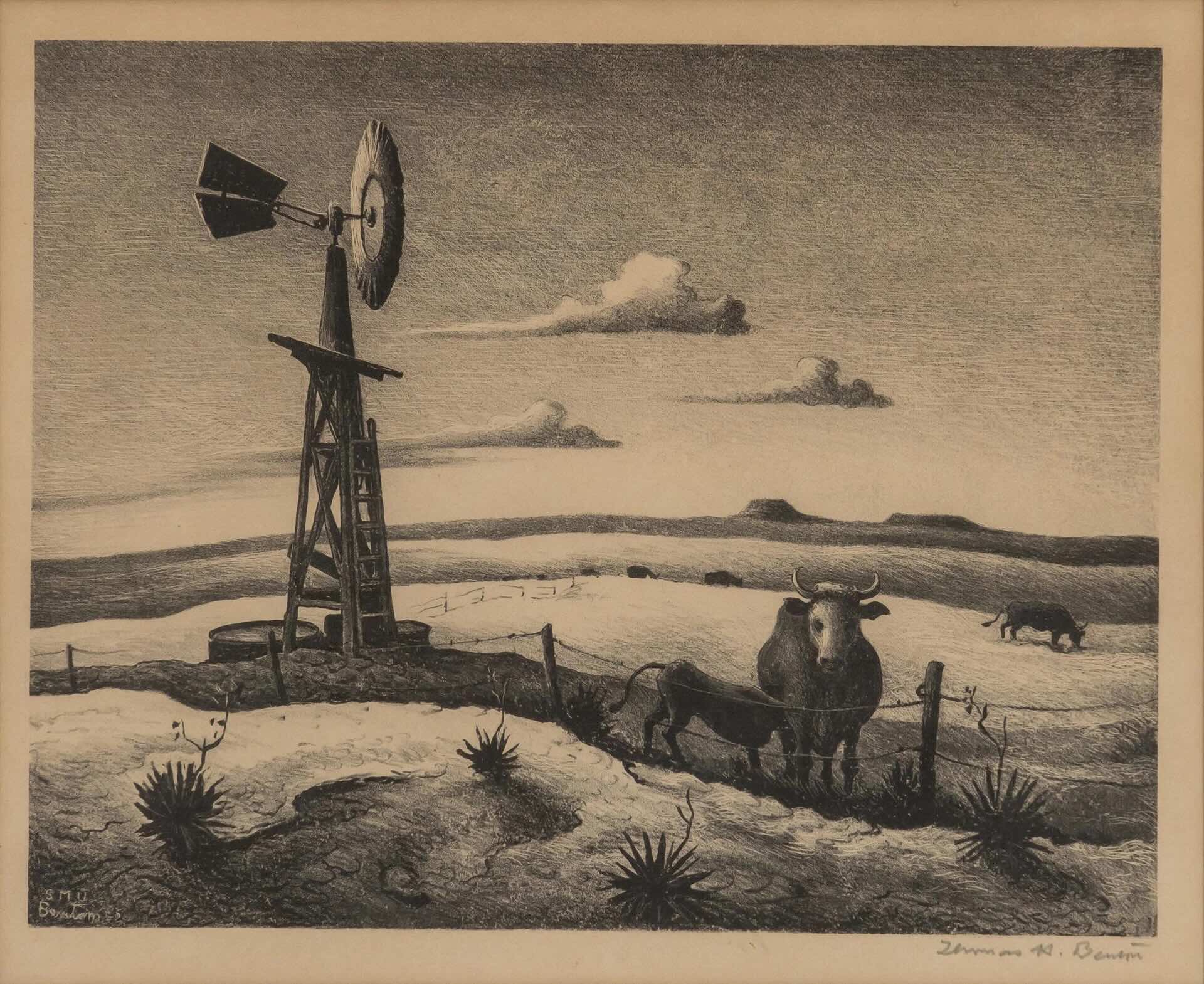 West Texas Lithograph by Thomas Hart Benton with signature- American Artwork